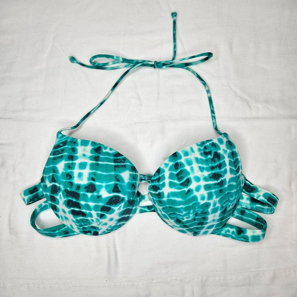 PINK Victoria's Secret Teal Snakeskin Push Up Halter Bikini‎ Top Large
